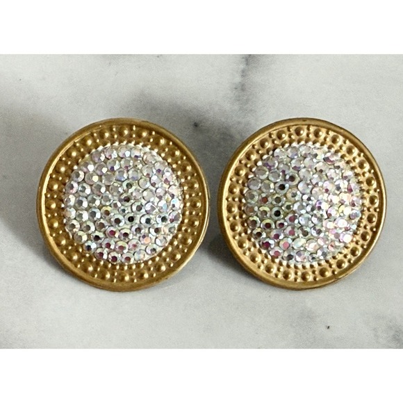 Richard Kerr Jewelry - Vintage Richard Kerr Large Clip On Pave Iridescent Rhinestone Earrings Gold Tone